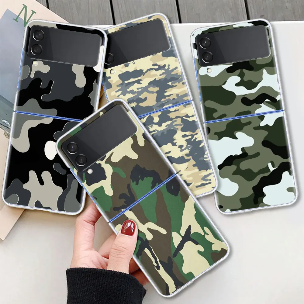 

Case For Samsung Galaxy Z Flip 3 5G Transparent Hard Cell Phone Cover ZFlip3 Clear PC Luxury Fundas Camouflage Camo Series
