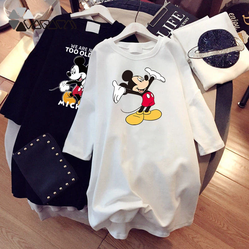 

Disney Mini Dresses Mickey Cartoon Print Kawaii Short Sleeve White Black Woman Summer Dress Party Casual Robe Femme