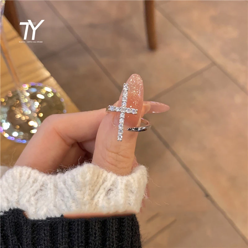 

New Gothic Zircon Silvery Cross Shape Opening Ring For Woman Korean Fashion Jewelry Wedding Party Girl's Unusual Sexy Ring Set