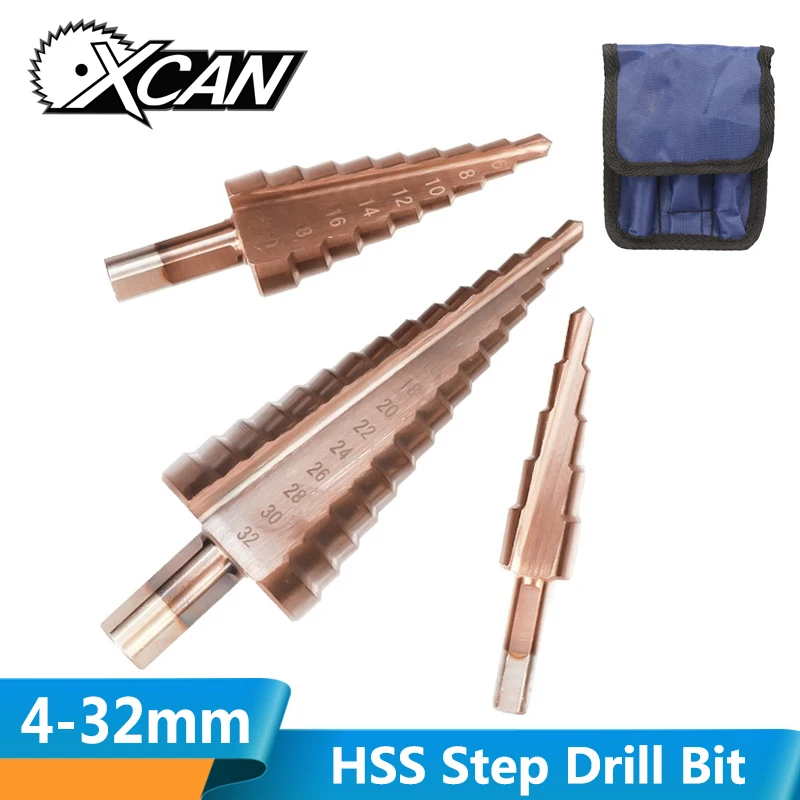 XCAN 3 шт 4-12/20/32mm высокопрочная сталь, спиральное Рифленое Шаг сверло набор TICN покрытием шаг Отверстие Резак конус сверло указан