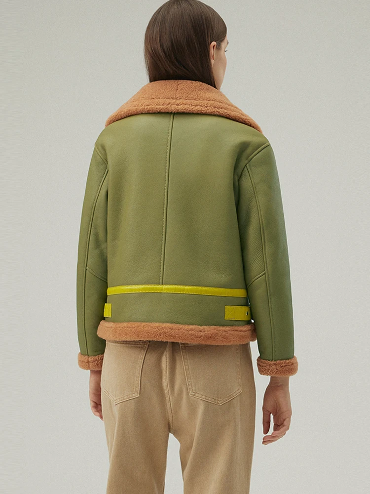 New Womens Shearling Jacket Natural Fur Coat Green Leather Jacket Warmest Winter Coats Short Sheepskin Coat