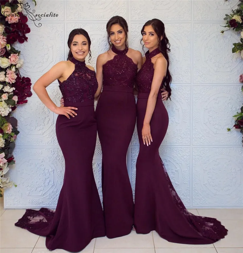 

Burgundy Bridesmaid Dresses Mermaid Lace Appliques Beaded Halter Elegant Wedding Guest Dress Maid Of Honor Prom Gowns 2020 Cheap