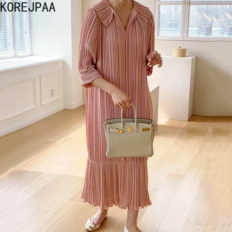 

Korejpaa Women Dress 2021 Summer Korean Chic Retro Temperament Lapel Pleated Solid Color Three-Quarter Sleeve Fishtail Vestidos