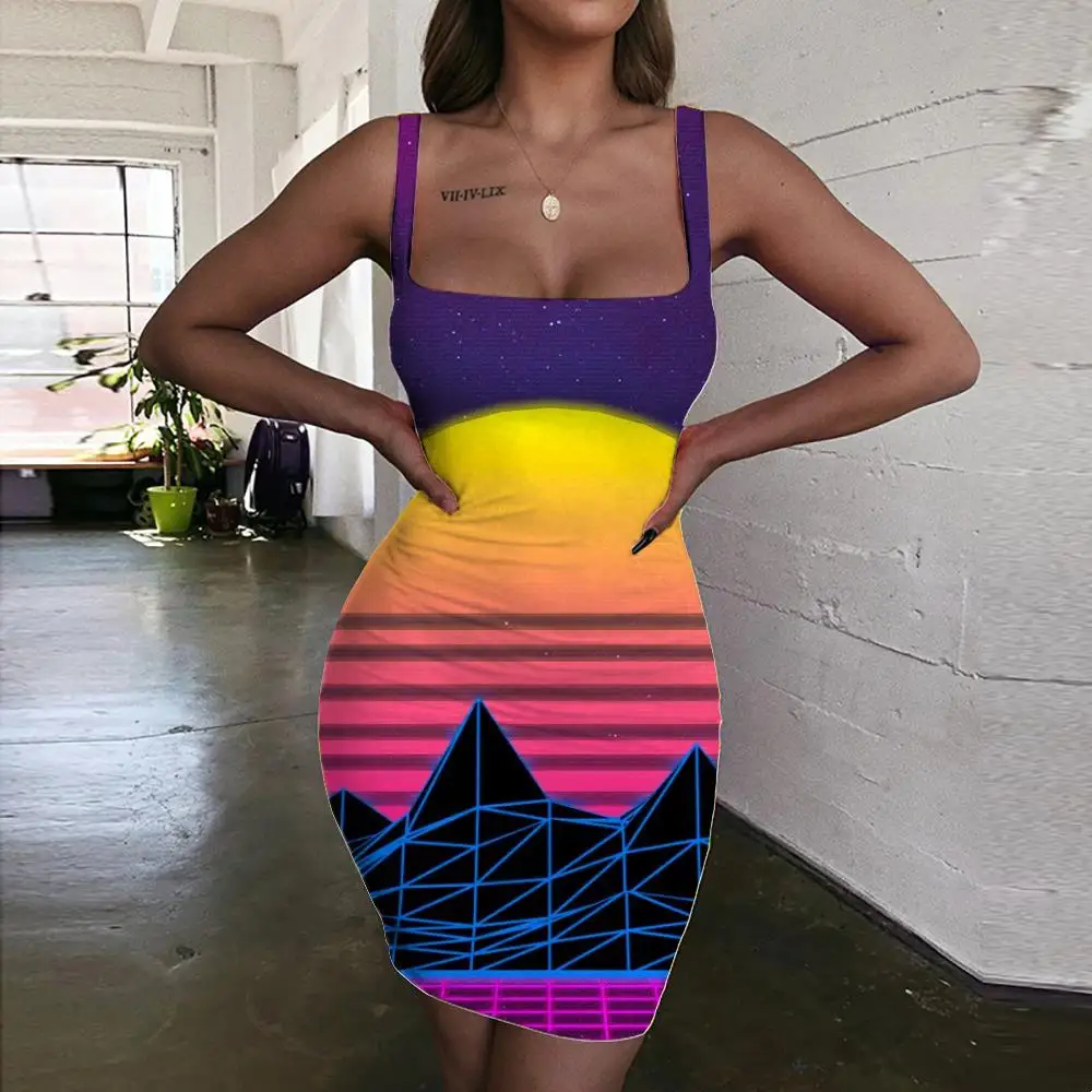 

Giyu Brand Neon Lights Dress Women Moon Vestido Sexy Galaxy Halter Sleeveless Colorful Sundress Womens Clothing Party Vintage