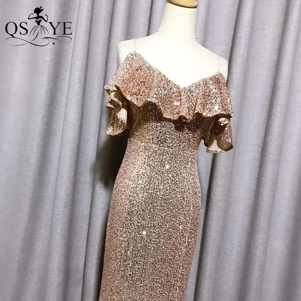 

Sequin Gold Evening Dresses Mermaid Shoulder Straps Prom Gown Glitter Tulle Party Dress Spaghetti Straps Long Formal Ruffle Gown