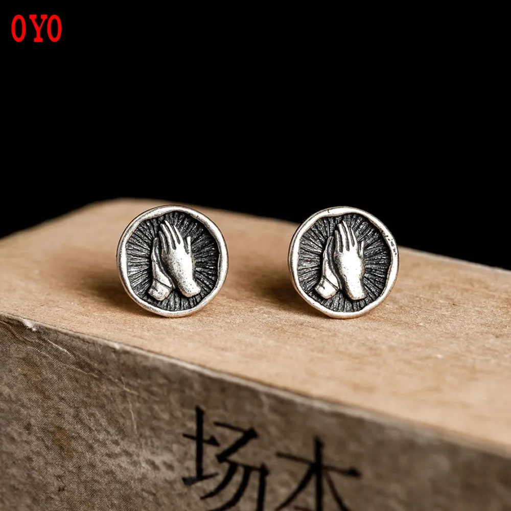 

International standard genuine s925 sterling silver Thai silver praying pious hands praying earrings