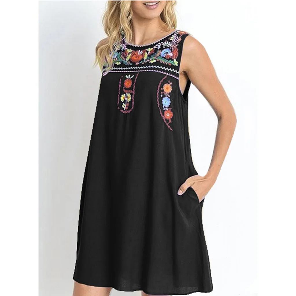 

2019 Sleeveless round-Neck Cotton Linen Embroidered Embroidered Fashion Dress Women's Clothing