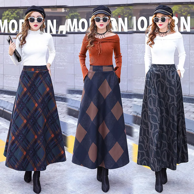 Весна и осень высокая талия теплые шерстяные Длинные Юбки Женская Полосатая