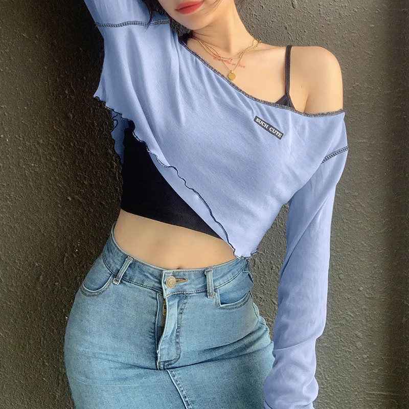 

Adora 2 Piece Women Smock + T-shirts Spring 2021 New Fashion Long Sleeve Slim Crop Tees Letter Embroidery Women's T-shirt