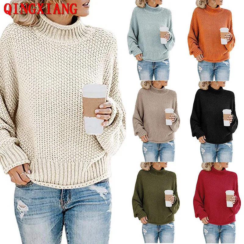 13 Colors Women Solid High Neck Loose Thick Line Poncho 2021 Spring Autumn Knitted Long Bat Sleeves Sweater S-XL Lady Pullover