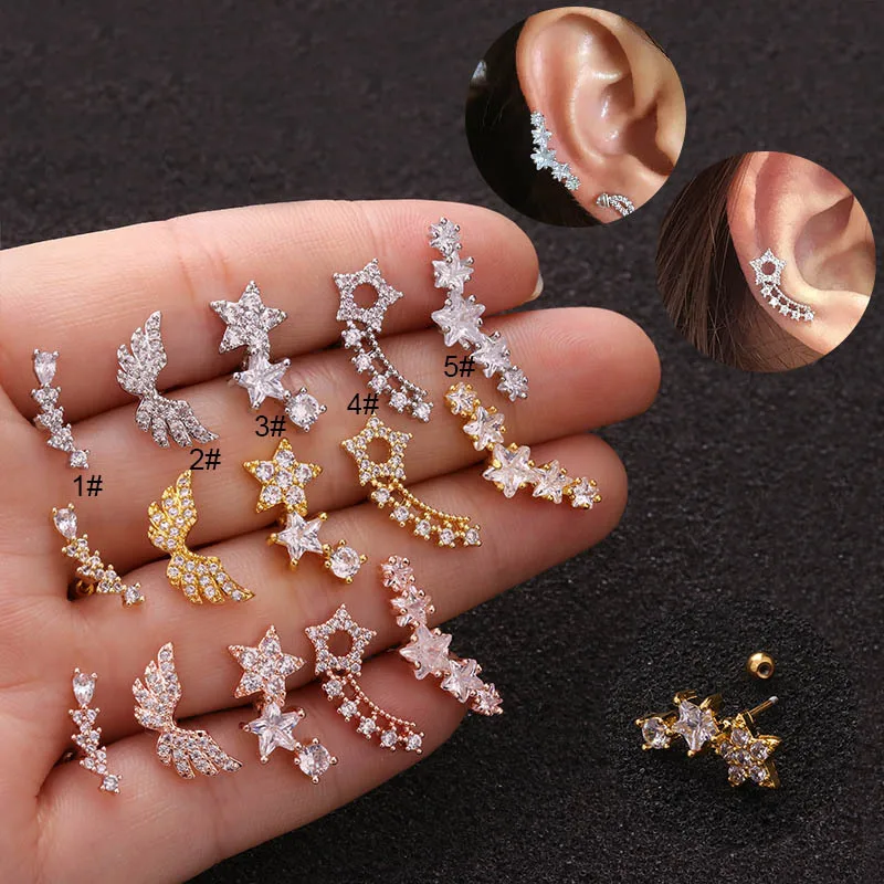 

1PC Star Flower Crown Cz Ear Studs Helix Piercing Cartilage Earring Conch Rook Tragus Stud Ear Piercing Jewelry