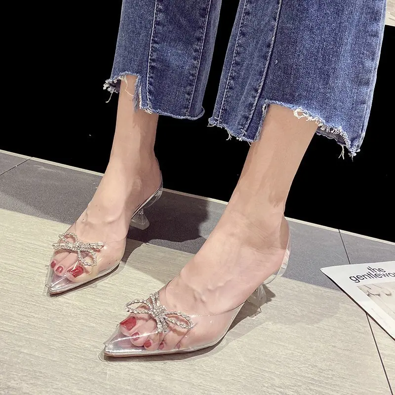 

Clear Transparent Mules New Summer Slippers Female Slides Pointed Toe Spike High Heels Women Shoes Woman Crystal Ladies Shoes