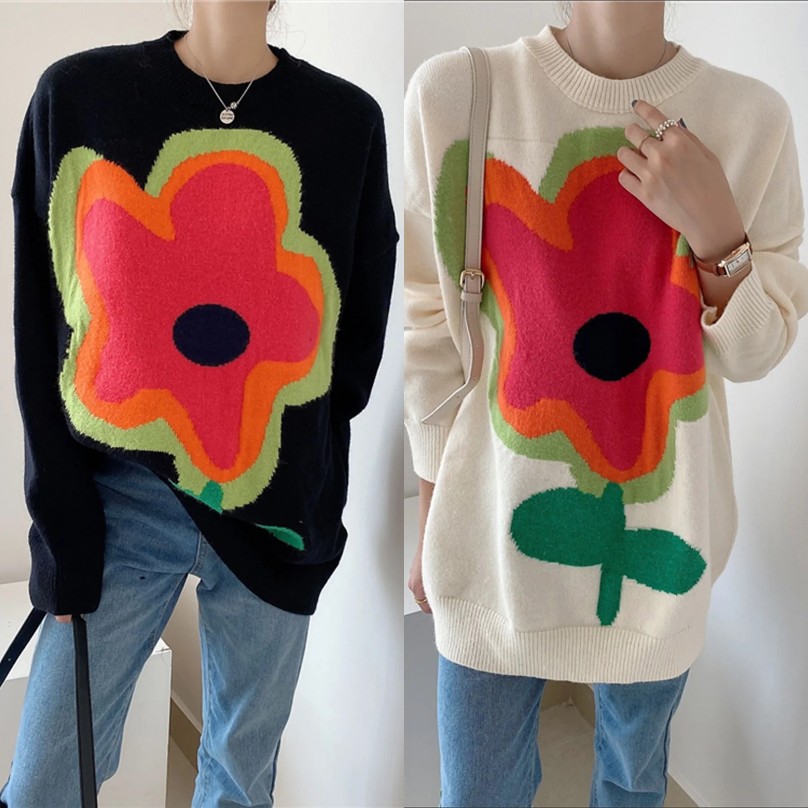

Women Color Block Sweater Adults Loose Flower Pattern Round Neck Long Sleeve Pullover
