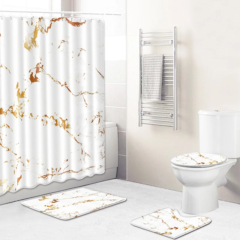 white marble bathroom curtain set simple waterproof shower curtains bathtub screen with hooks soft mat set toilet lid cover rug free global shipping