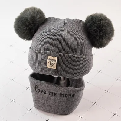 gray set Шапки для маленьких мальчиков и девочек, осенне-зимние Бархатные наушники, детские шапки Lei Feng, Детские Меховые помпоны из овечьей шерсти, кашемировые теплые шапки, детские вязаные шапки - Цвет: gray set