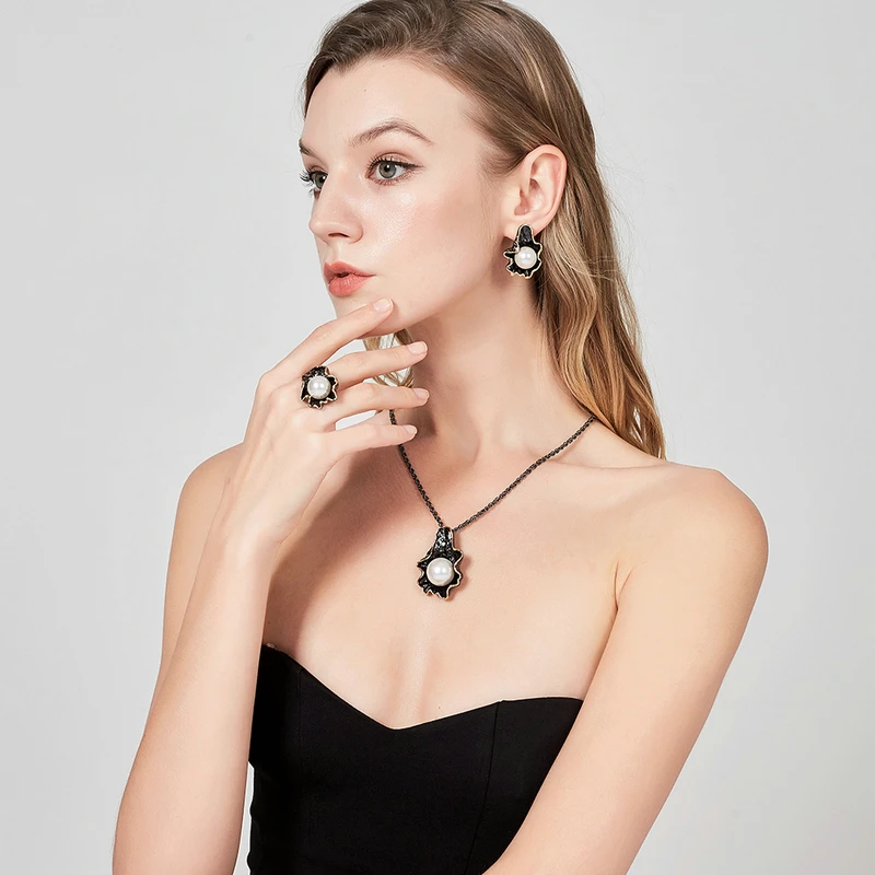 Mytys Большой жемчуг черный пистолет Ювелирные наборы женские серьги ожерелье