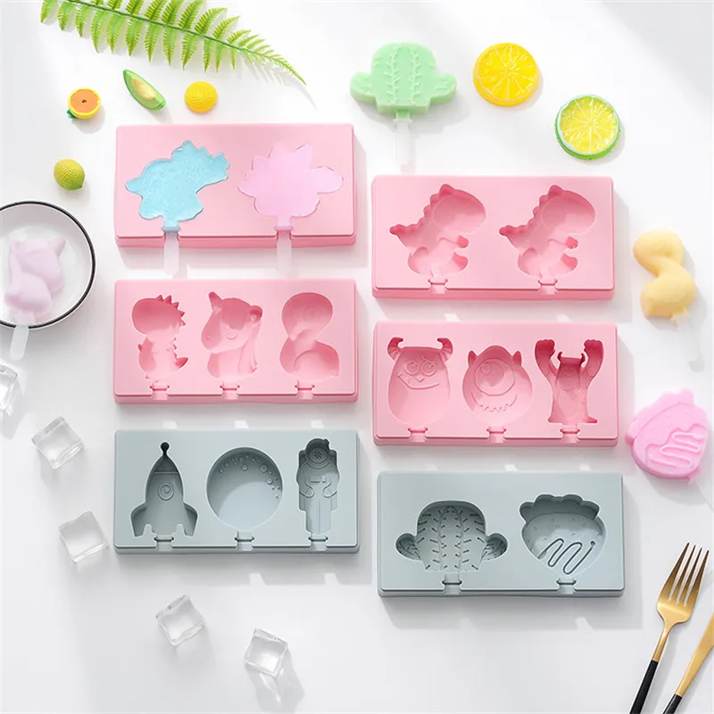 

DIY Candy Bar Ice Cream Mold Food Grade Silicone Cartoon Fruit Ice Tray Lid Kitchen Gadget Dinosaur Unicorn Cake Popsicle Mold