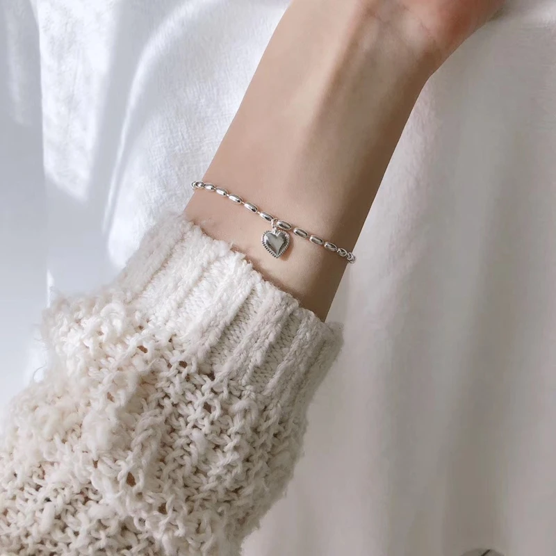 Delicate Rice Bead Bracelet 100% 925 Sterling Silver Cute Heart Pendant Polished Chain Women Teenage Girl 19cm | Украшения и