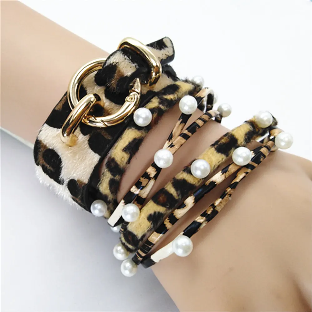 Браслеты женские круглые с леопардовым принтом модные широкие кожаные ювелирные