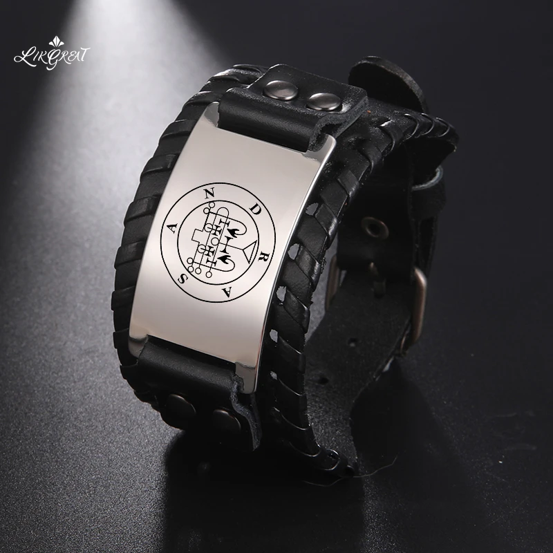 

2021 Men's Black Wide Leather Wrap Bracelets 72 Demon of The King Solomon Seal of Marquis Steel Charm Bangles Bracelet Jewelry