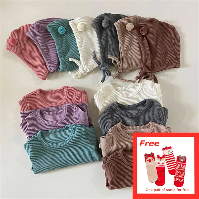 Детский комбинезон с шапкой комплекты Хлопковые вязаные свитера для малышей
