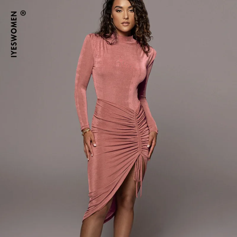 

IYESWOMEN Elegant Women Autumn Vestidos Round Neck Drawstring Slim Long Sleeve Midi Dress Solid 2021 New Casual Pink Dresses