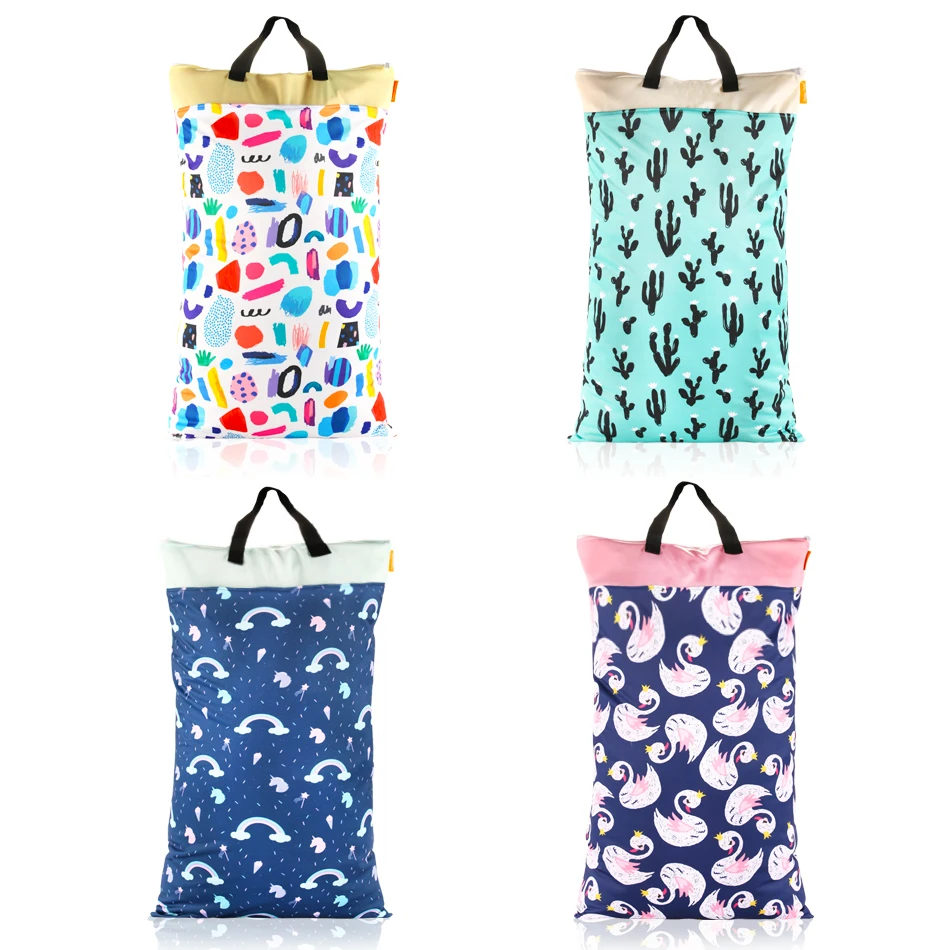 HappyFlute Polyester PUL Waterproof Baby Bags for Mom Baby Stroller Use 40*70cm Big Size Double Packet Diaper Wet Bag