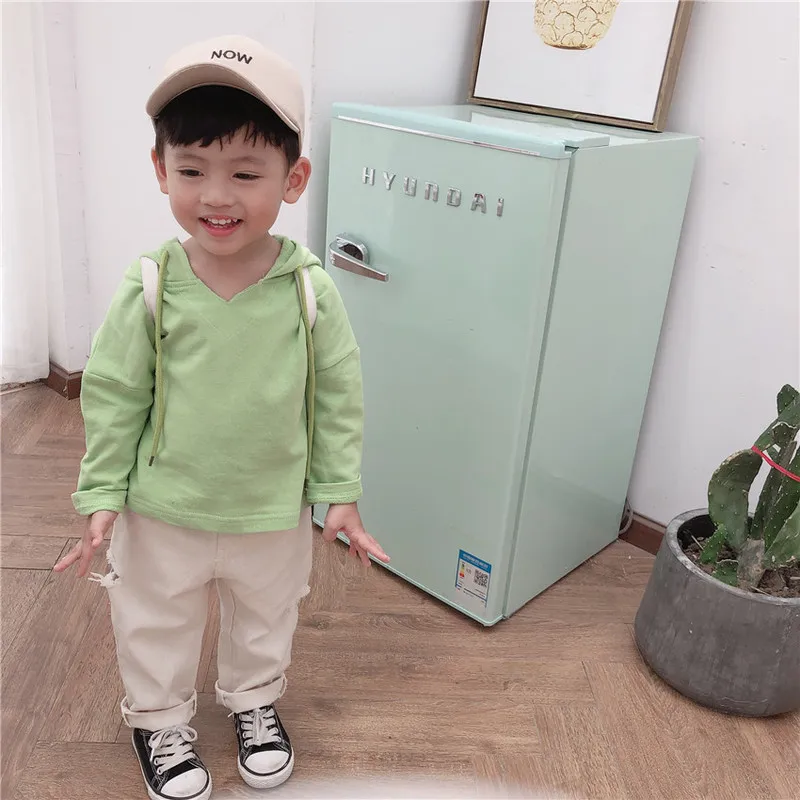 

2019 autumn new baby girls Korean v neck hooded loose solid color fleece sweatshirt children tops