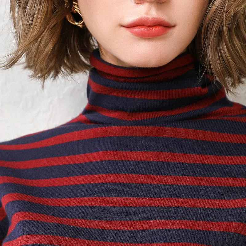 Женский полосатый свитер с высоким воротником повседневный вязаный пуловер