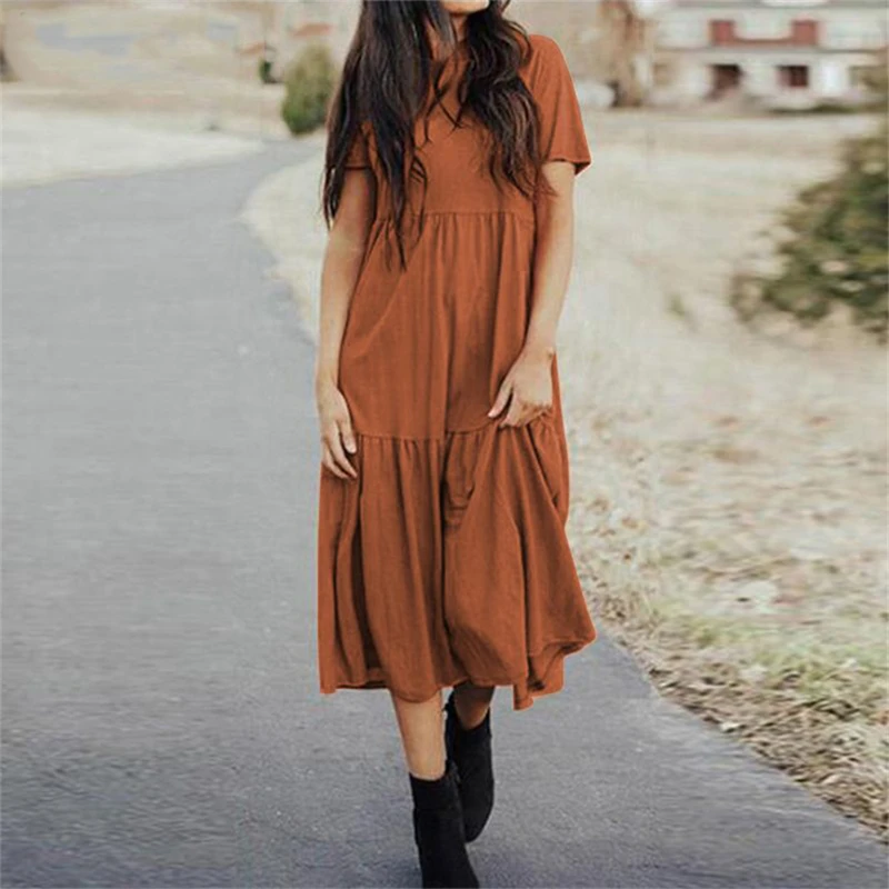 

Women's Summer Sundresses Elegant Ruffles Dress Casual Short Sleeve Solid Party Vestido Vintage Kaftan Cotton Dresses Femme Robe