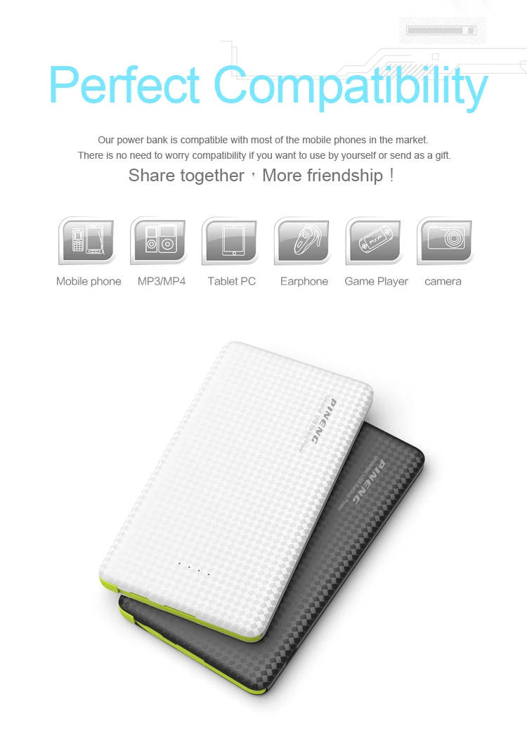 PINENG PN-952 10000mAh power Bank встроенный зарядный кабель Внешний аккумулятор вибрирующий переключатель USB питания