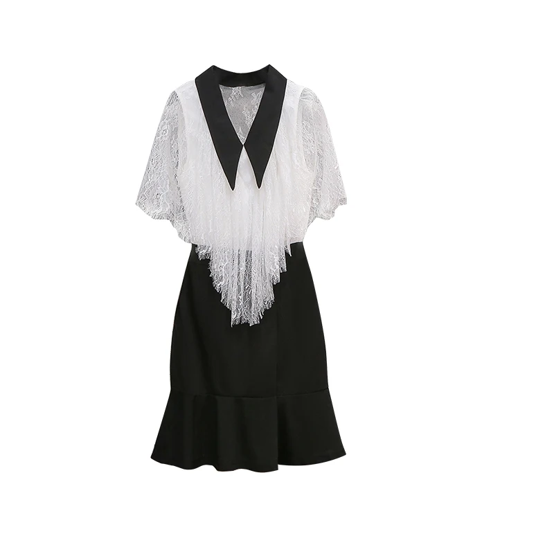 

EHQAXIN Fashion Women's Summer New Style Lace Stitching Dress Comfortable V-Neck Sleeveless Fishtail Long Skirt Female M-4XL