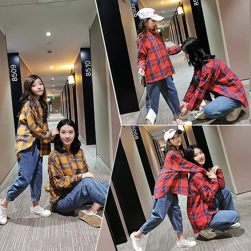 Одинаковые Семейные рубашки в клетку для мамы и дочки сезон весна-осень одежда с