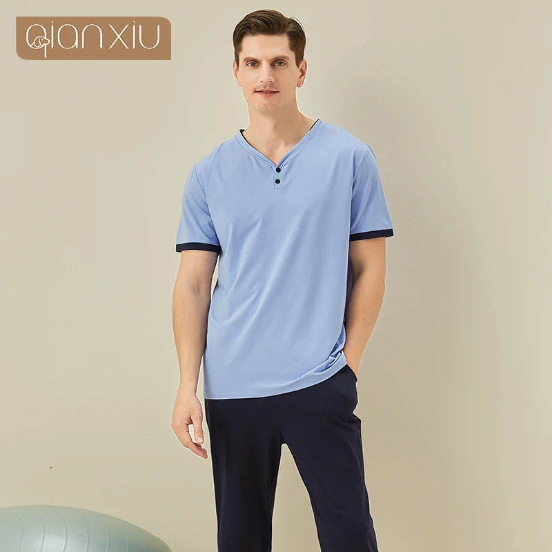 

Couples short sleeve trousers home suit men's and women's striped round collar knitted cotton pajamas set 212129