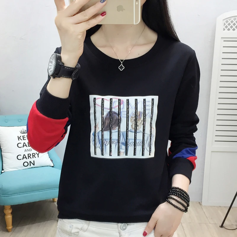 

shintimes 2020 Korean Version Plus Size Cartoon Women Sweatshirt Tops Long Sleeve Pullover Diamond Womens Clothes Sudadera Mujer