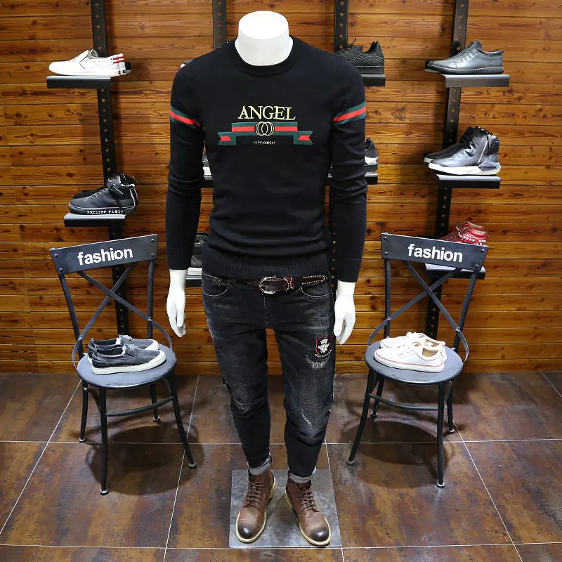 

Men 's Long-Sleeved Sweater Sweater Striped Color Embroidery Base Shirt Youth Sweater Men2021