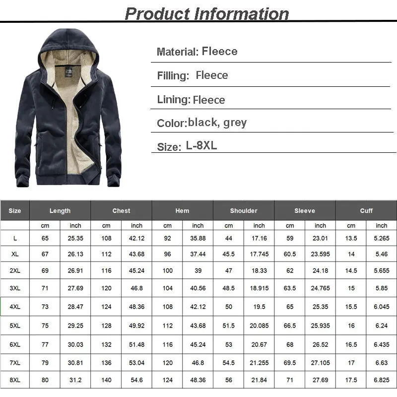 

Autumn Winter Mens Fleece Jacket Coat Plus Size 8XL Mens Windbreaker Jackets Casual Black Grey Hooded Men's Thick Jacket Ropa