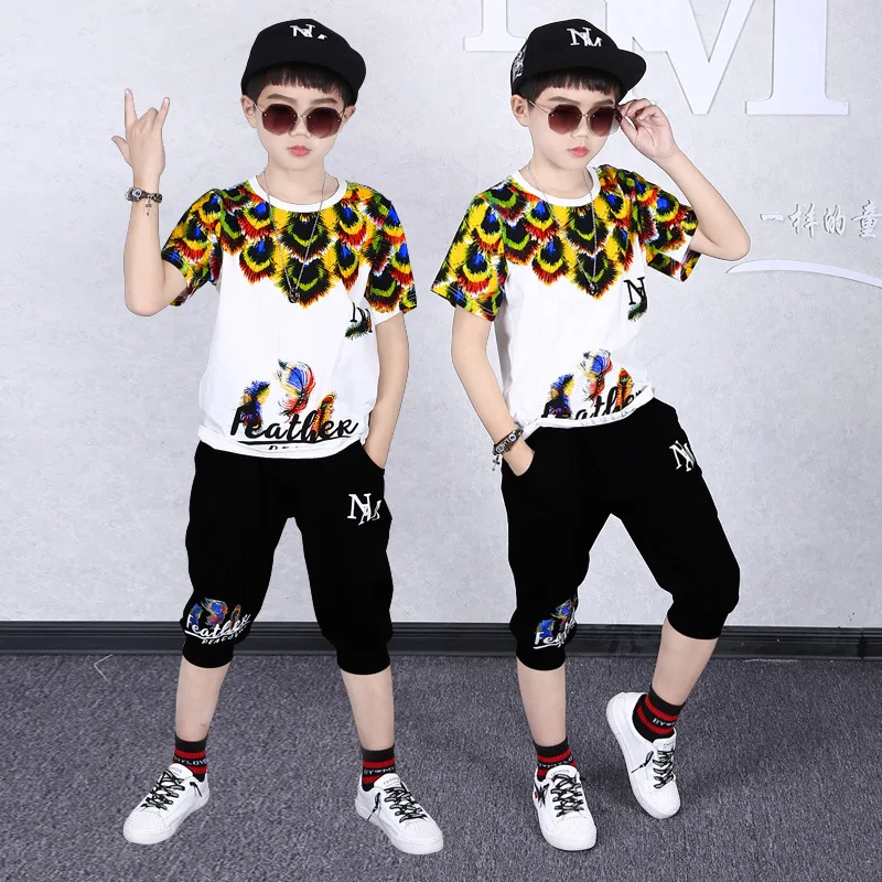 

Летний комплект детской одежды для мальчиков, футболка с коротким рукавом + штаны, повседневные спортивные костюмы для подростков, одежда д...