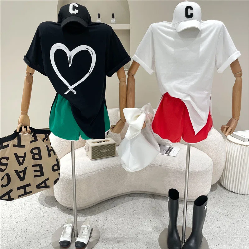 

Niche Design New Women's Clothing 2021 Love Print Loose Split Short Sleeve T-shirt Wide Leg Shorts Leisure Two Piece Set