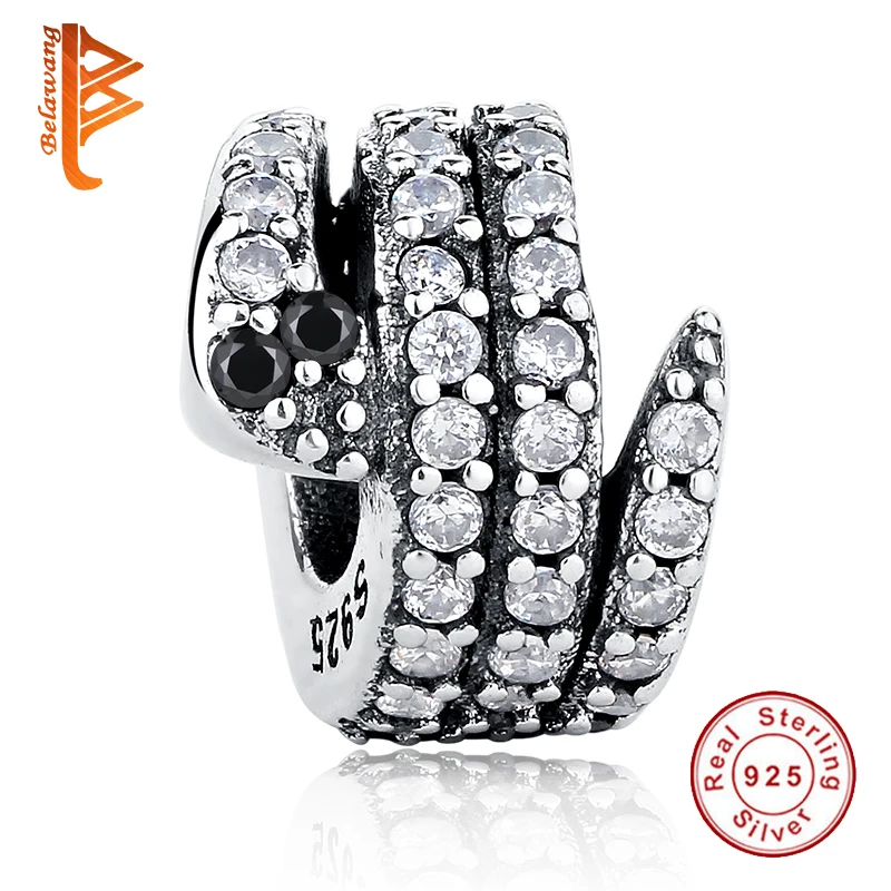 

Wholesales Real 925 Sterling Silver Curved Snake Bead Fit Original Bracelet Fashion CZ Animal Charm For Women Trendy Jewelry