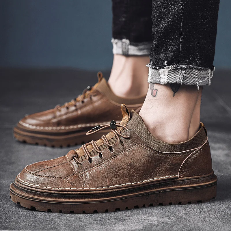 Man Leather Shoes Design Casual Male Spring Autumn Genuine slip on fashion Walking Footwear Handmade Men's shoes | Обувь