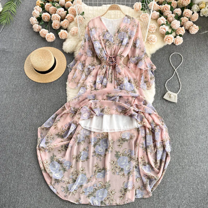 

2021 Summer Women Long Sleeve V-neck Slim Sexy Beach Vocation Long Dress