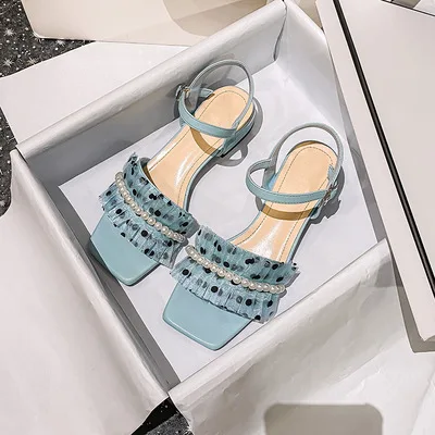 

fairies, Sandals, net, pearl summer thick heels, medium heels, large size shoes 41-43 2021 woman pumps