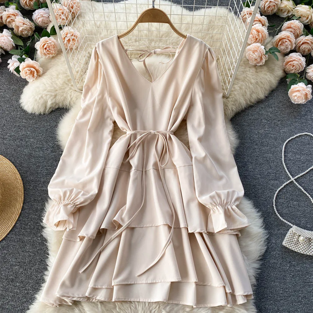 Красное платье C876 женское 2022 весна осень новая мода V-образный вырез прилегающего кроя длинный рукав оборки сплошной цвет повседневные платья.