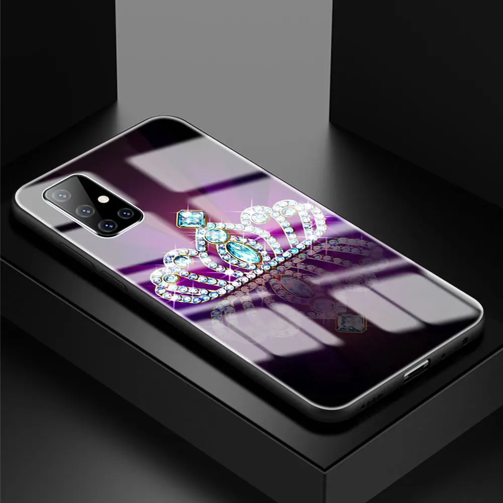 

Glass Case for Samsung Galaxy A51 A50 A71 A70 A31 A30 A21s A91 A10 A40 Tempered Phone Cover Coque Crown Diamond