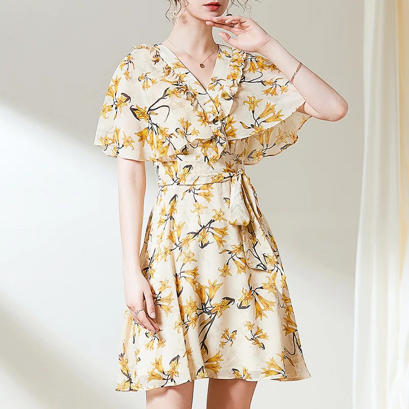 

Summer Dress V Neck 2020 Women New Fashion Printed Short sleeve Ruffles Slim A-Line Yellow Dress Above The Knees