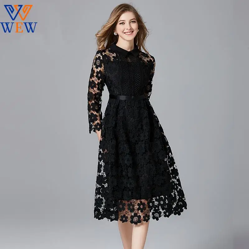 

New Arrival Autumn High Street dresses Plus Size Floral Hollow Out Turn-Down Chinese Women Lace vestidos wedding guest dresses