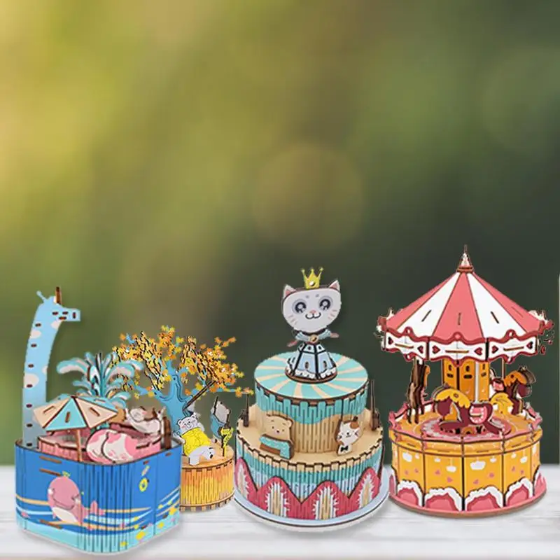Merry-go-круглая деревянная музыкальная шкатулка мультяшная форма карусель подарок для детей на день рождения свадебные ремесла декоративные аксессуары