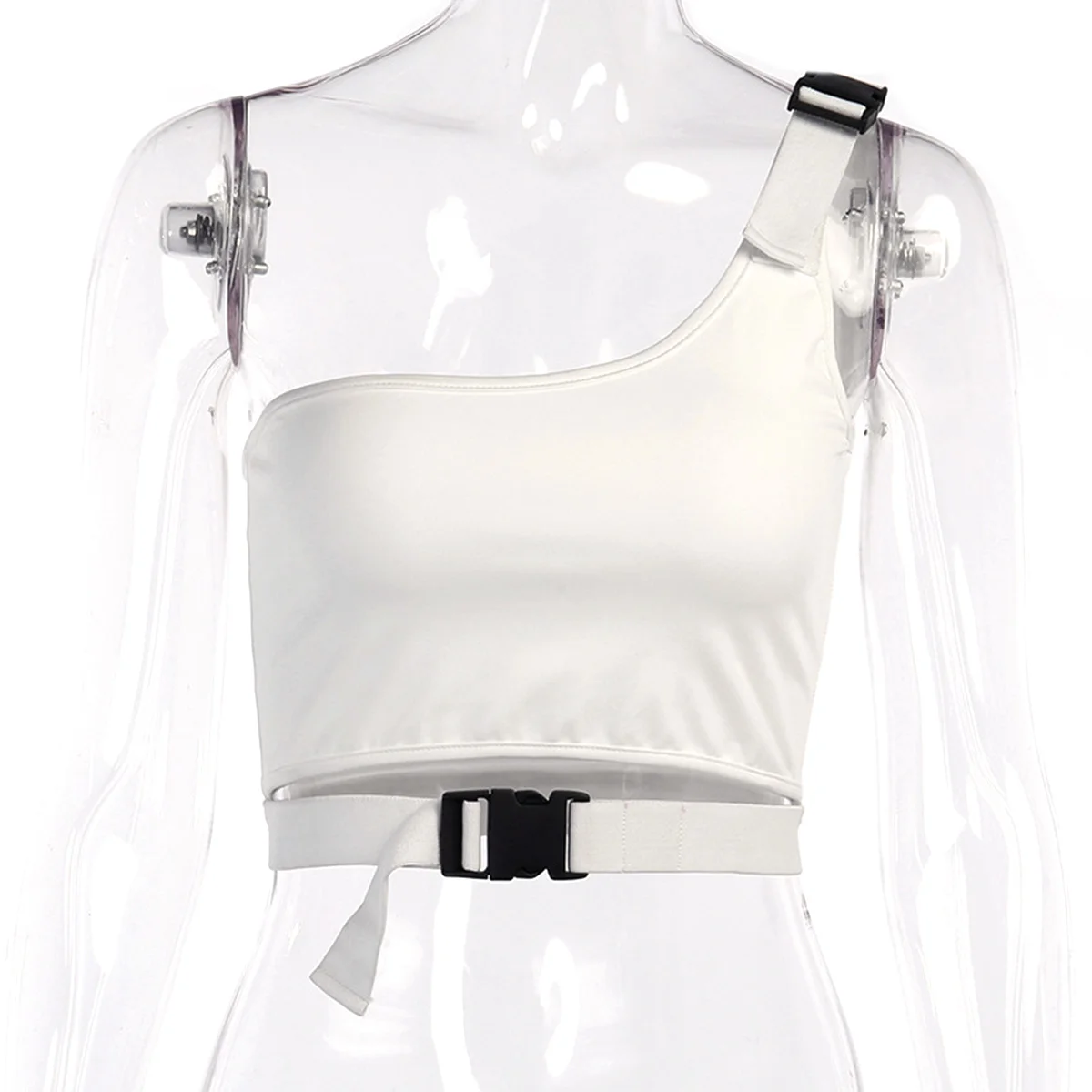 

Hot Fashion Schoolbag Buckle Camisole Sexy One Shoulder Short Style Exposed Navel Vest Crop Top Women T Shirt Tops Cropped