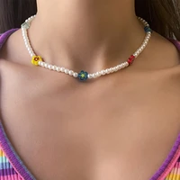 ingemark boho rainbow color small flower pearl necklace choker cute korean fashion neck chain for women necklaces jewelry 2021